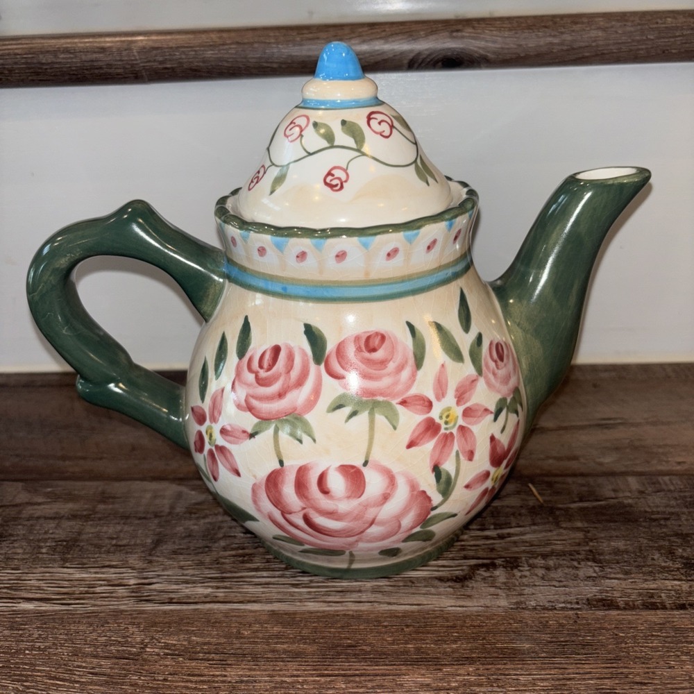 Flowers Inc. Balloons Hand Painted Tea Pot Pale Red Roses